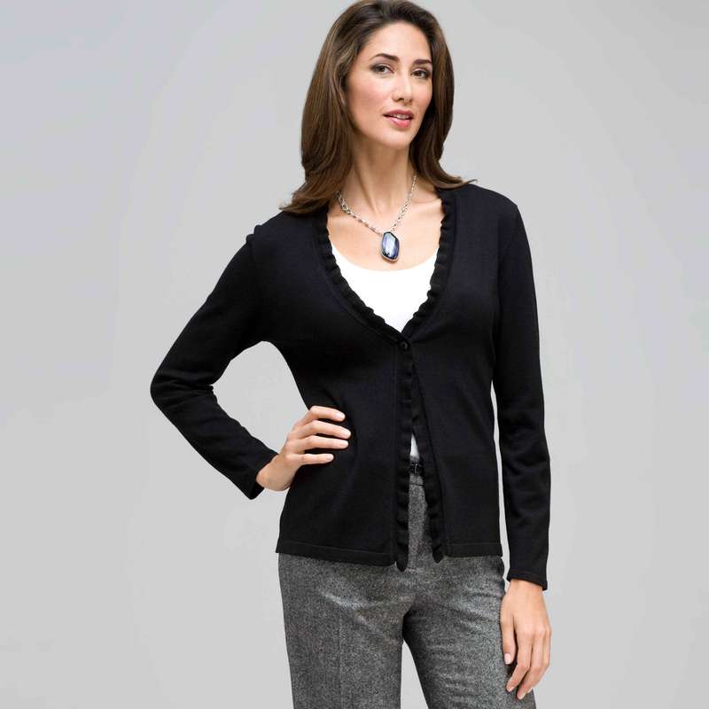 Long Sleeve Ruffle Front Trim Cardigan, Black, large image number 0